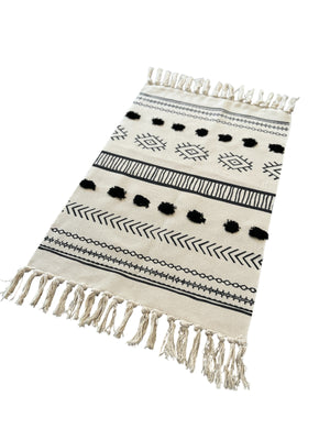 Alfombra Bajada Rectangular Negro Pompón Tipo Kelim 100x60cms